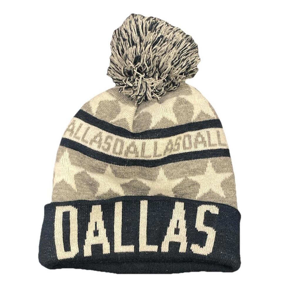 Dallas Pom Pom Beanie Toboggan Winter Knit Hat Blue White Gray Cowboys